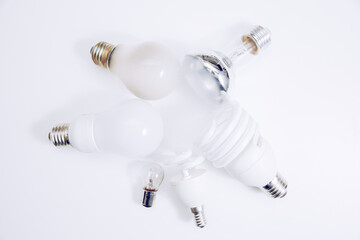 White lightbulbs on a white background. Old light bulbs. Concept of energy 