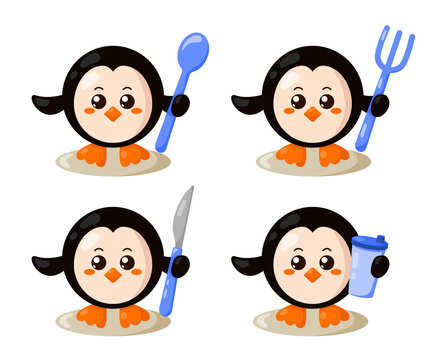 Set of funny cute kawaii penguin with round body, spoon, fork, knife and cup in flat design with shadows. Isolated animal vector illustration with cutlery	