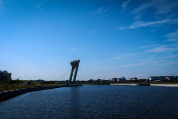 Naklejka premium Fakel (Torch) suspension bridge view in Salekhard, Russia