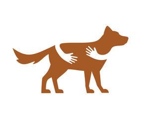 Human hands holding or embracing dog silhouette vector flat illustration. Creative emblem with arms in brown color. Pet shop, veterinary clinic, pet sitter service logo design template.