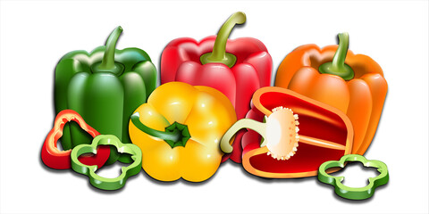 Cartoon bell peppers with shadow set. Red and green bright vegetables. Group with whole and halved red, green and orange  pepers isolated on white background. Red and green slices. Fresh paprika