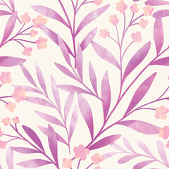 Fototapeta na wymiar Seamless watercolor botanical pattern. Digitally hand painting floral background. Modern leaves design for fabric, wallpaper, surface.