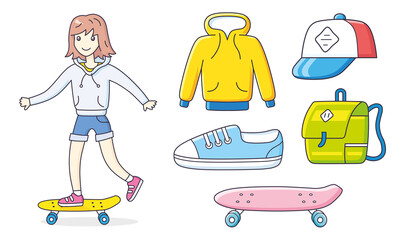 Girl skater riding skateboard, hoodie, baseball cap, sneaker shoe, backpack and longboard or cruiser isolated. Skateboarding clothing set.