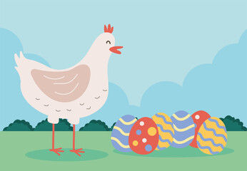 cute hen bird with eggs painted in the camp