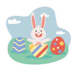 cute little bunny easter with eggs painted in the camp