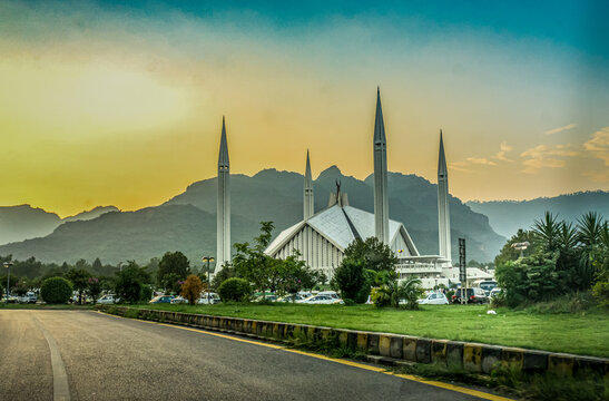 Famous Faisal Mosque View in Islamabad Pakistan st evening time.