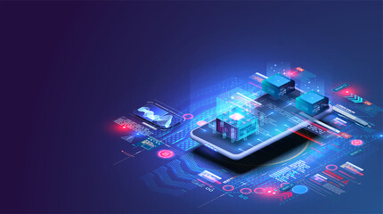 Accounting, big data, blockchain technology isometric, mobile phone data visualization. Digital blocks or cubes constructs database. Blockchain fintech technology and mining cryptocurrency. Vector