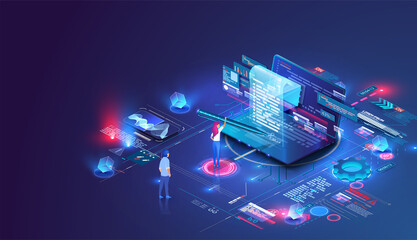 Smart contract and digital signature concept. Concept for electronic signature, distance business, Laptop and contract hologram image for signature. Girl putting signature into legal document. Vector