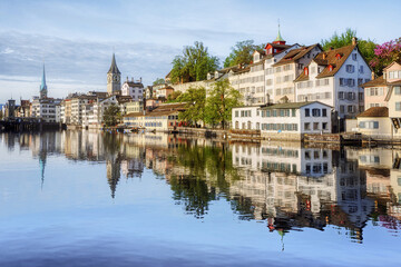 Zurich city's historical Old town on Limmat river, Switzerland