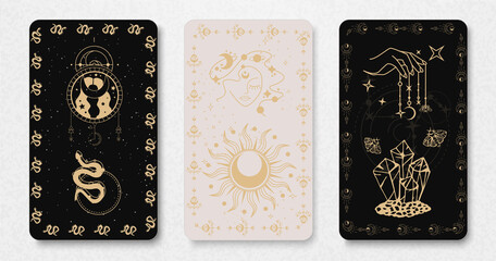 Fototapeta na wymiar Three tarot cards. Space and astrology concept. Esoteric aesthetics. Magic occult set of tarot cards. Magic card astrology, drawing spiritual poster. Silhouette of hands, stars, moon and crystals.