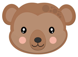 A cute face of spider monkey of light brown color with ruddy pink cheeks on a white background. A head of adored African animal.  For sticker, childish apparel, icon, badge. Vector.