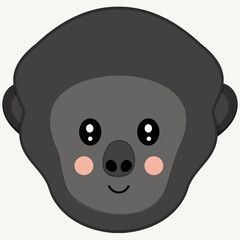 Flat cute smiling cartoon face of a western gorilla with ruddy cheeks on white background. Cute head of African primate for an icon, emoji, sticker, logo. Vector.