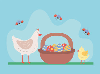 cute hen and chick with eggs painted in basket
