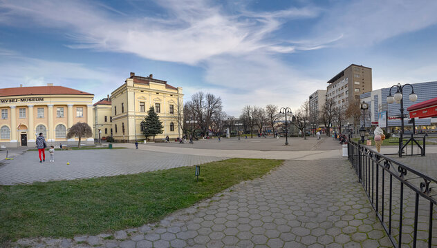The city of Zajecar in eastern Serbia. The downtown, promenade and town square during late afternoon. Zajecar, Serbia - 02.19.2021
