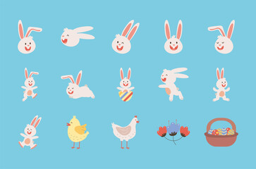 bundle of easter rabbits with chickens and eggs painted