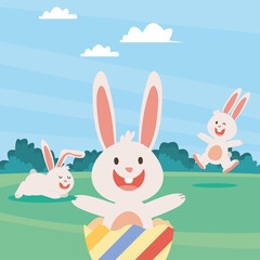group of easter rabbits and egg painted in the camp characters