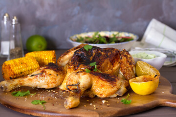 Spatchcocked chicken with sweet corn and yoghurt sauce