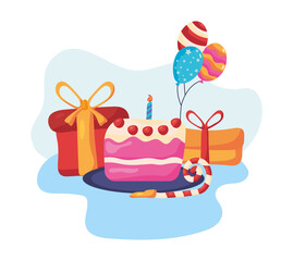 happy birthday sweet cake with gifts and balloons helium