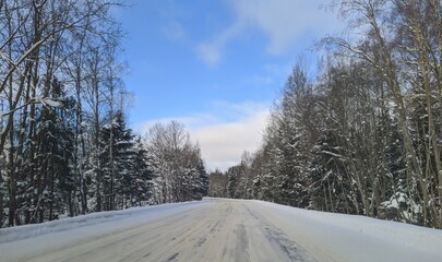 Obraz premium road with horizon on blue sky and clouds in the daytime at winter with snow covered trees