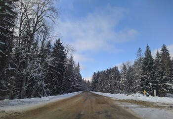 Obraz premium highway with horizon on blue sky and clouds in the daytime at winter with snow covered trees