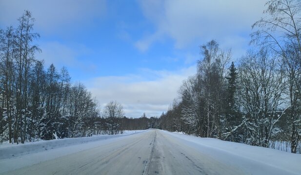 road with horizon on blue sky and clouds in the daytime at winter with snow covered trees