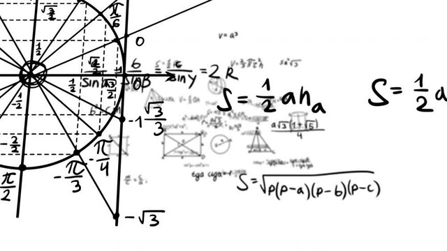 Animation of movement through geometric formulas and shapes. 4k animation with mathematical calculations. Video for the effect of computing activity. Handwriting. Alpha channel. 60 frames to second.