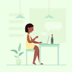 Online date from home with glass of wine vector illustration