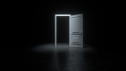 An open white door to a dark room with bright light. A light shines over a doorway in a dark room. Abstract dark concrete interior. Fills the space with bright white light. 3D rendering