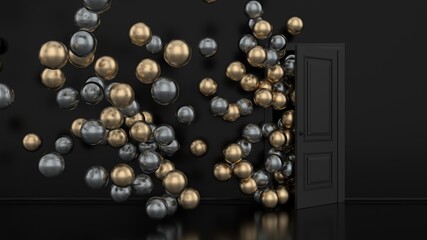 Gold and metal balloons fly away through open door in office interior. Multi-colored balls pouring out of the open black doors into a large dark room. Abstract greeting black background. 3D render