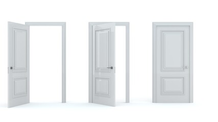 A set of white wooden doors at different stages of opening. 3 stages. Collection of doors. Entrance and doorways. Closed and open way. Choice, business and success concept. 3d render