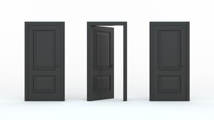 Two closed black doors and one open door on a white background. Creative glamorous minimal style. Choice, business and success concept. 3d render