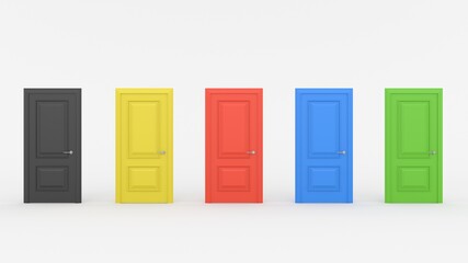 Five closed multicolored doors isolated on white background. Black, yellow, red, blue, green colors. Creative glamorous minimal style. 3d render