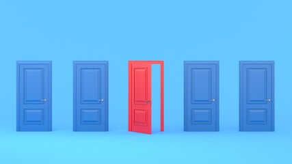 Four closed blue doors and one red open door on a pastel blue background. Choice, business and success concept. Concept illustration for welcome, invitation to enter or new opportunity. 3d render