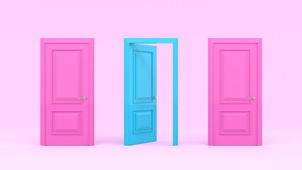 Two closed pink doors and one turquoise open door on a pastel pink background. Creative glamorous minimal style. Choice, business and success concept. 3d render