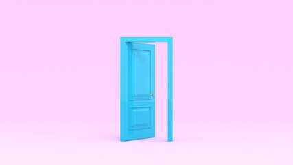 Open turquoise door isolated on pink background. 3d render