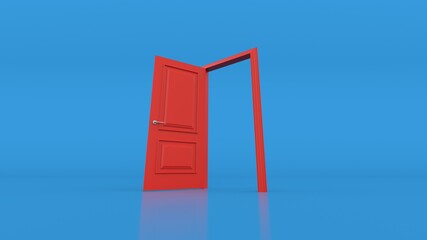 Open red door on blue background