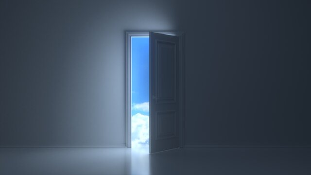 Doors opening to reveal beautiful sky in dark grey room. 3D render