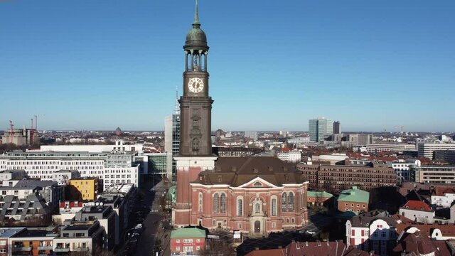 Famous St. Michael s Church called Michel in the city of Hamburg - aerial view