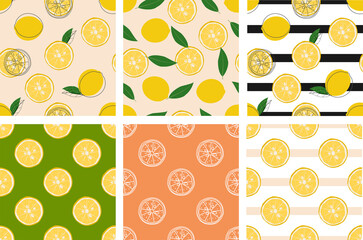 Lemon set pattern.Hand drawn colored Vector illustrations. Set of six Seamless Patterns. Background, wallpaper. For textile Prints or Wrapping paper