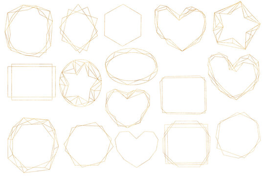 Golden geometric frames. Geometrical polyhedron for wedding invitation. Set for Invitation Decoration.
