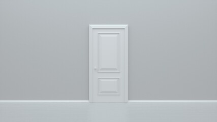 White closed door on white background. Frame on Grey Wall in the Empty Room. Interior Design Element. Design Template for Graphics. 3d illustration