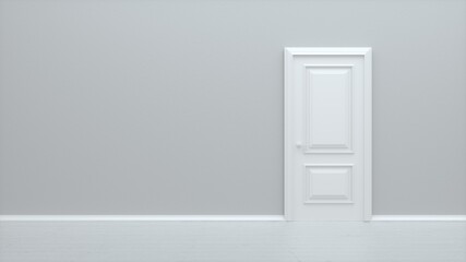 White closed door. Frame on White Wall in the Empty Room. Interior Design Element. Design Template for Graphics. 3d render