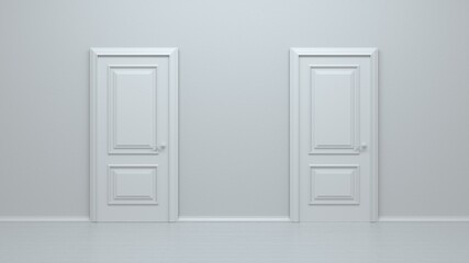 Two closed white realistic entrance doors on a white background. Choice, business and success concept. Conceptual illustration for welcome, invitation to enter or new opportunity. 3D rendering