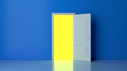 Yellow light inside the open white door isolated on blue background. Room interior design element. Modern minimal concept. Opportunity metaphor. 3D render