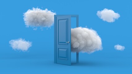 White clouds going through, flying out, open blue door, objects isolated on bright blue background. Abstract metaphor, modern minimal concept. Surreal dream scene. 3d render
