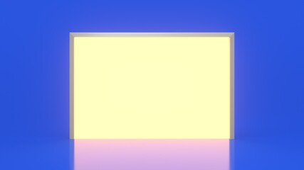 Yellow light inside an open white big door isolated on a blue background. Room interior design element. Modern minimalistic concept. Copy space. Metaphor of possibilities. 3d render