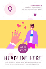 Engaged guy in love. Hand of fiancee with engagement ring. Flat vector illustration. Couple, wedding, marriage concept for banner, website design or landing web page