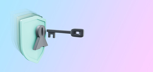 3d illustration of layer of shield with key for security app presentation