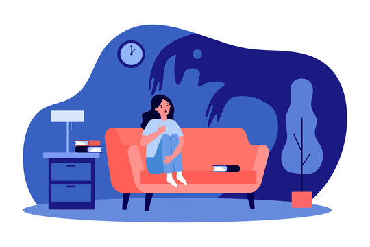 Scared woman sitting on sofa alone at night. Ghost, monster, fear flat vector illustration. Nightmare and phobia concept for banner, website design or landing web page
