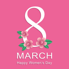 8 March international womens day holiday greeting card template. Number eight decorated with flowers and text isolated on pink background